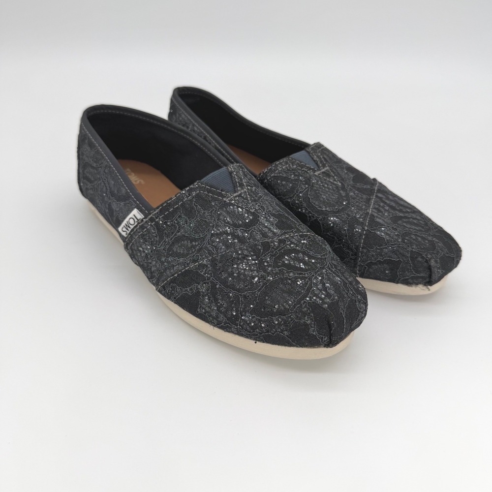 TOMS Classics Slip On Women Size 8 Black Floral Lace Glitter Alpargata